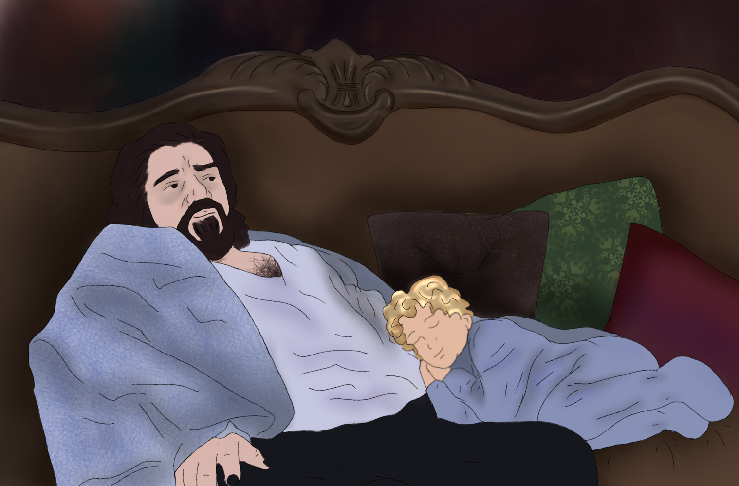 Laszlo resting and watching a movie with Baby Colin.