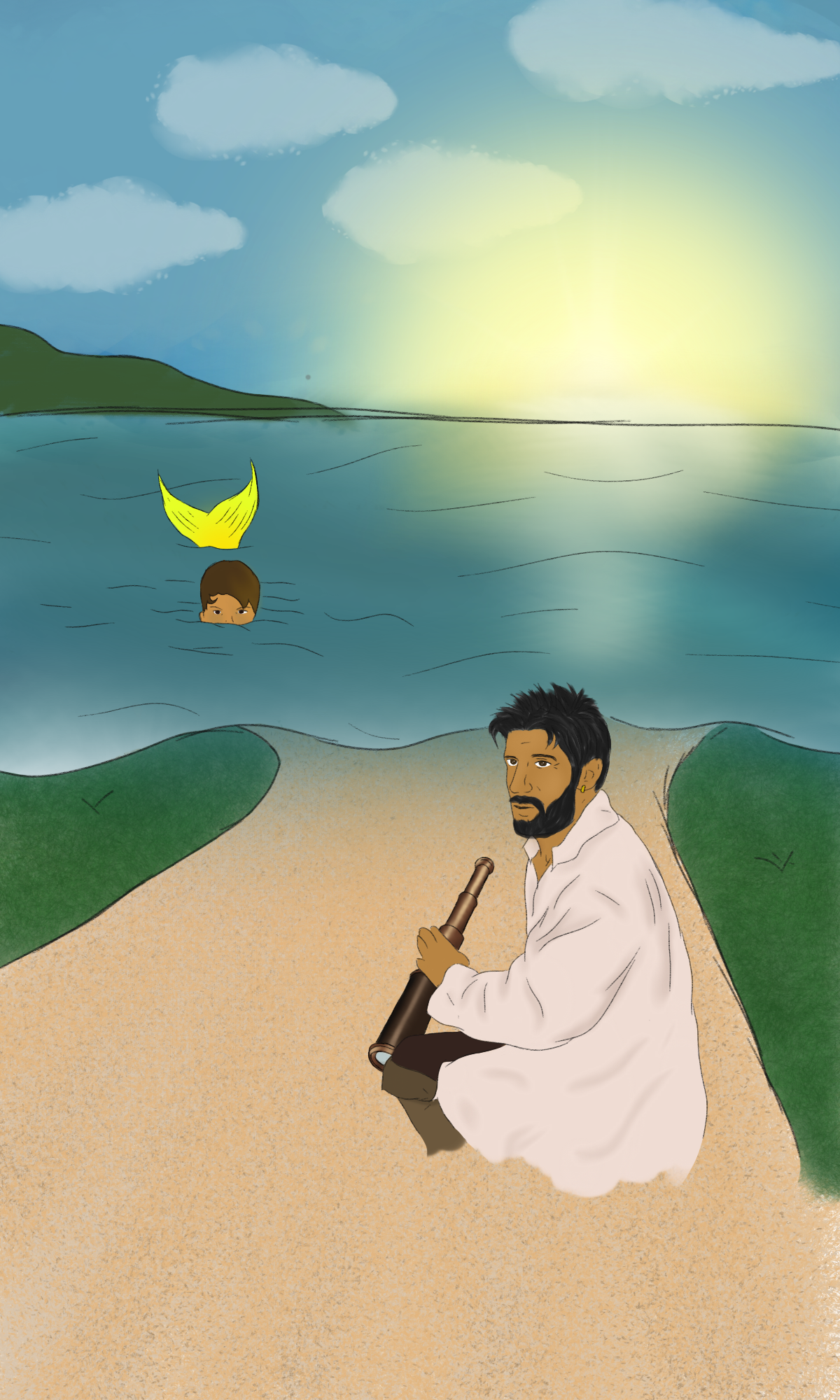 Merman Guillermo watches sailor Nandor from the water.