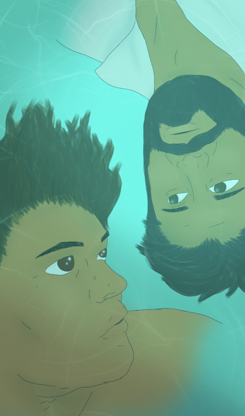Merman Guillermo and sailor Nandor go for a swim together.