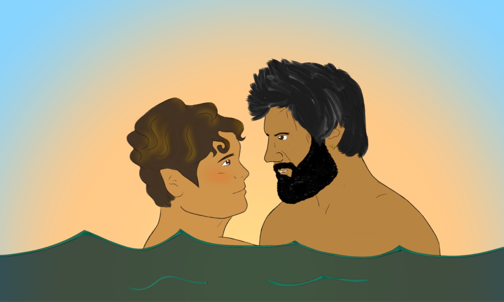 Merman Guillermo and sailor Nandor watch each other instead of the sunset.