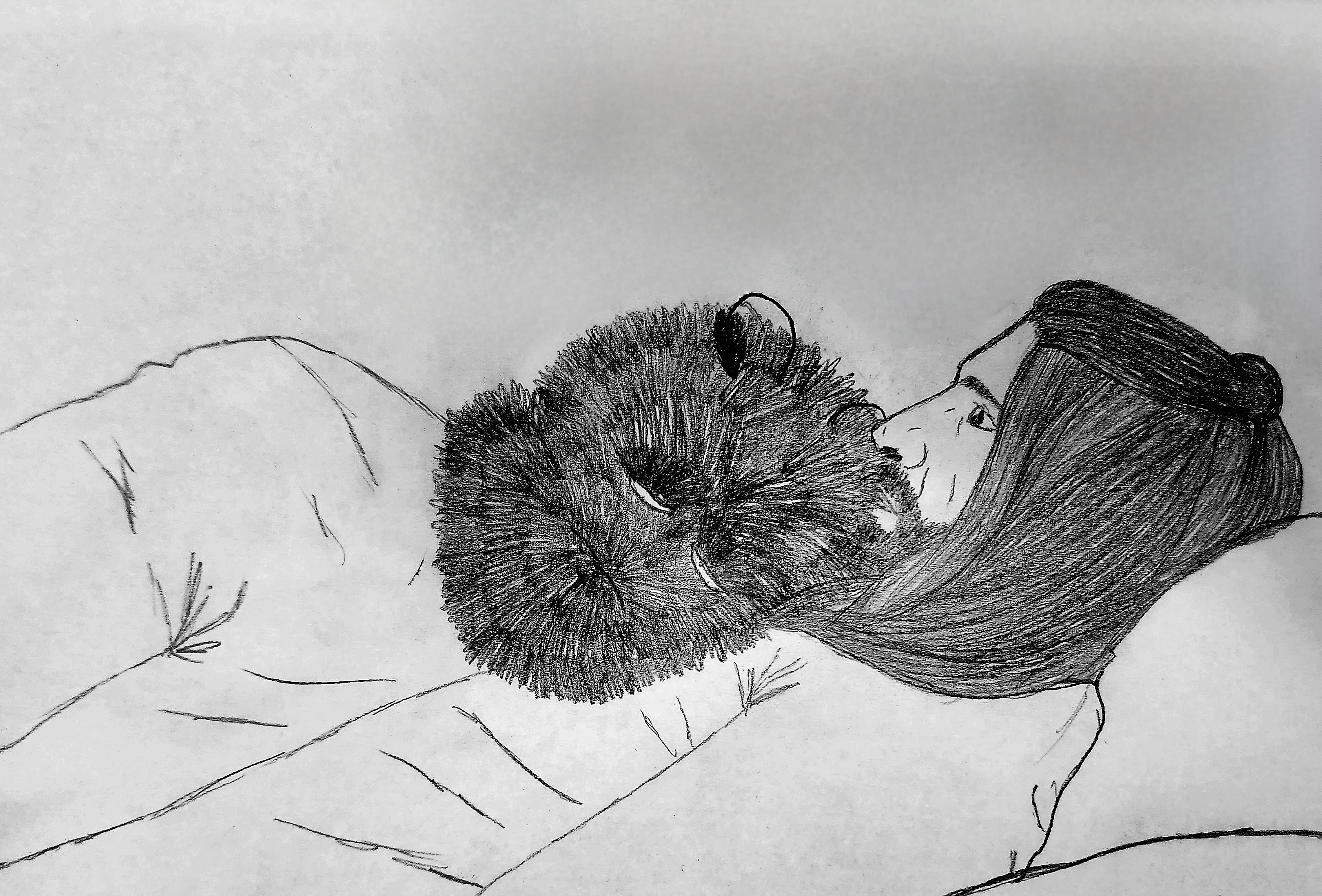 Pencil sketch of Mothman Memo cuddling sadly with Nandor.