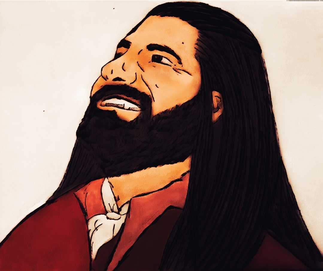 Digital watercolor profile of Nandor smiling and looking up.